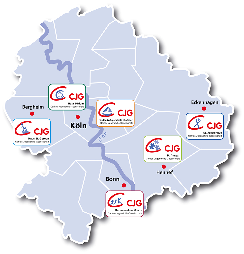 Landkarte des Erzbistums Köln mit allen Standorten der CJG-Einrichtungen